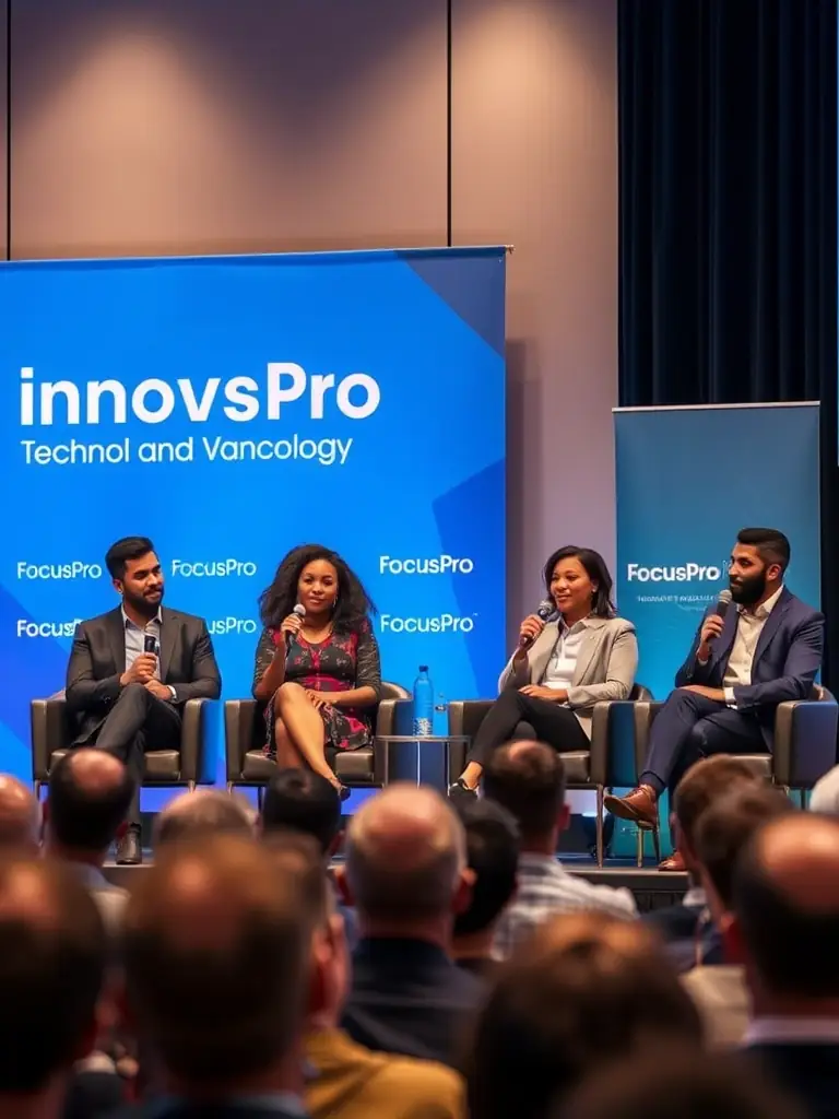 A photograph of a panel discussion at a FocusPro leadership conference in Vancouver, Canada. The panelists are discussing innovation and technology, with the audience actively participating.