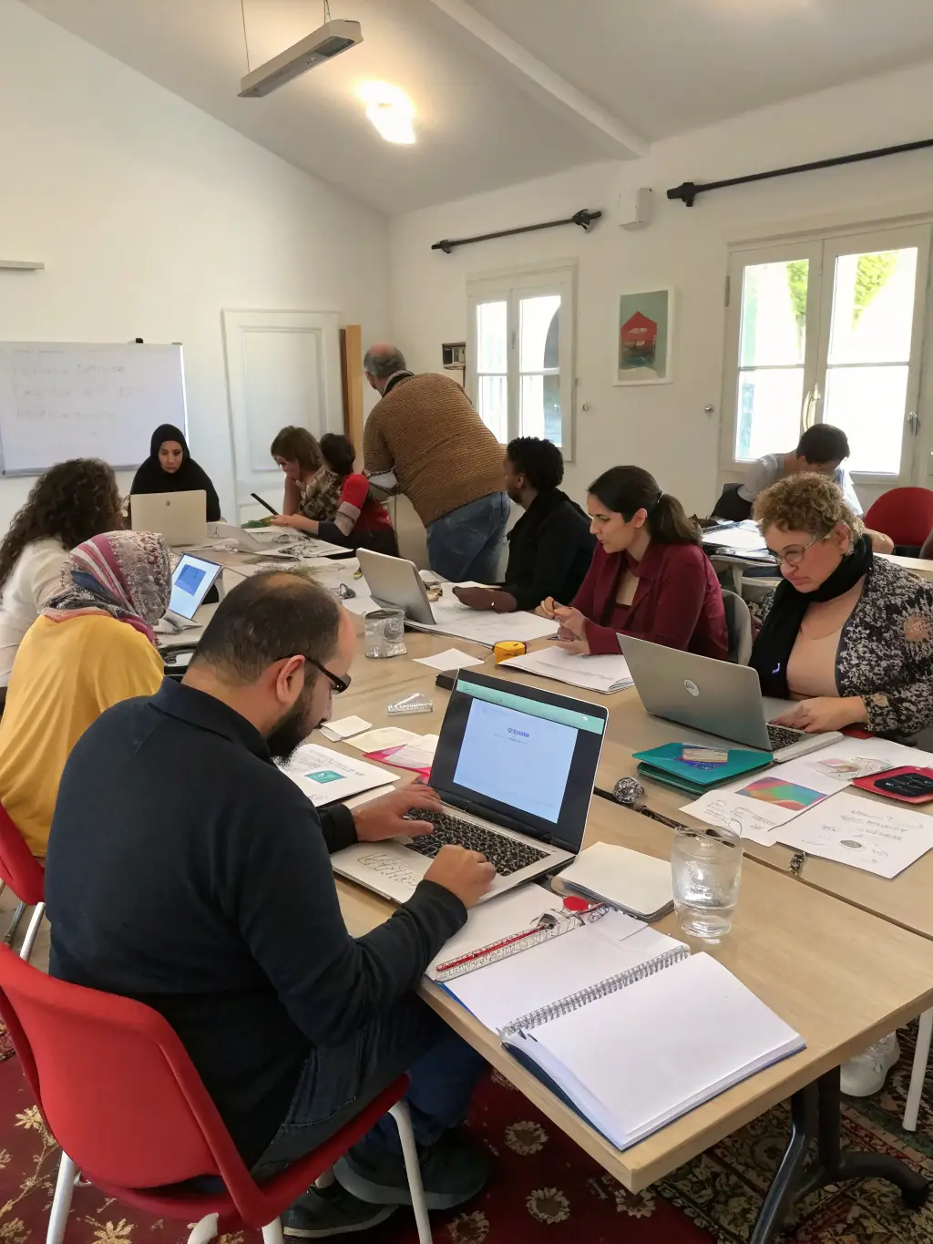 A candid shot of conference attendees actively participating in a workshop session at a FocusPro event in Vancouver, Canada, showcasing collaborative problem-solving.