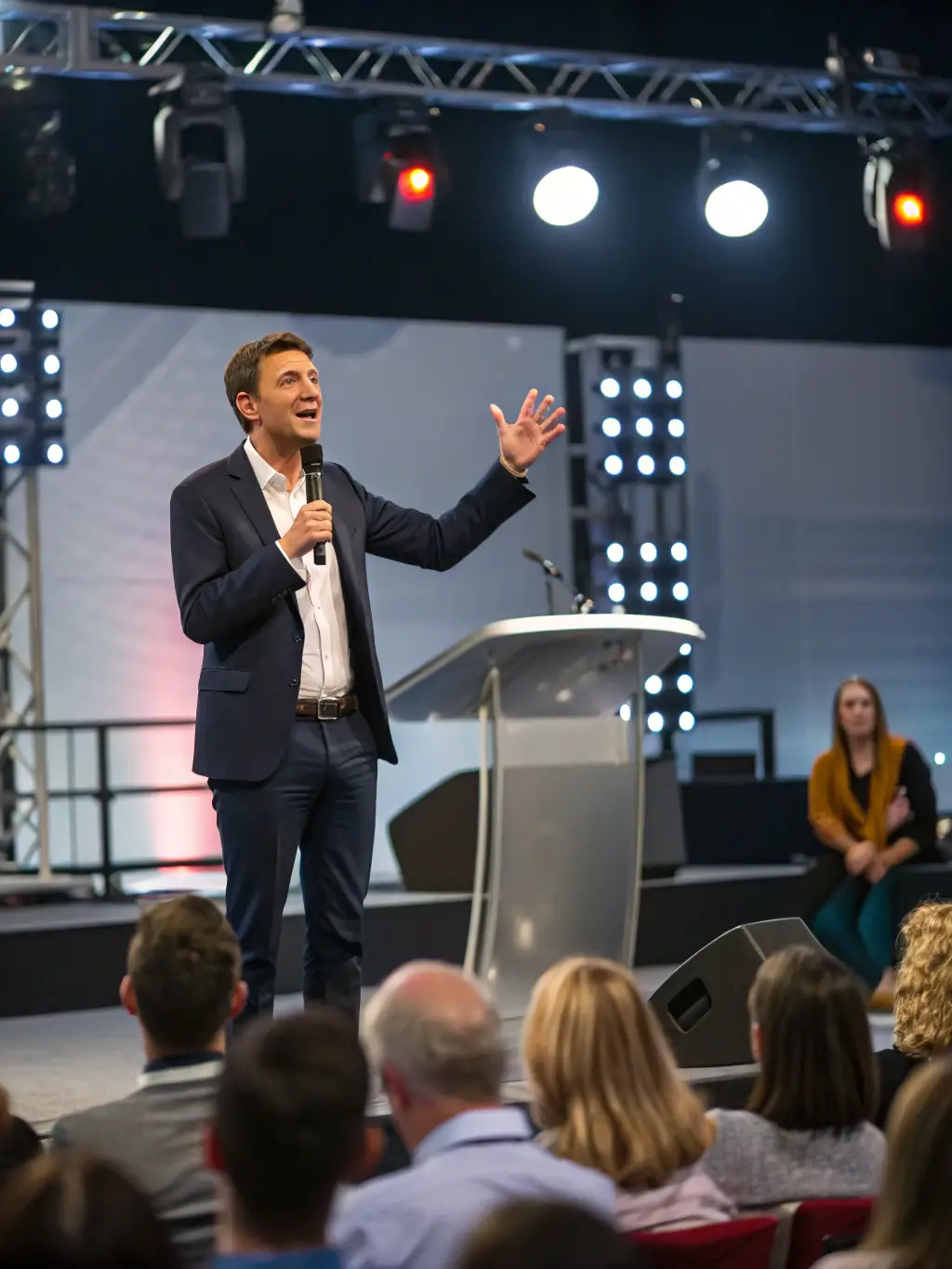 A photograph capturing a keynote speaker passionately addressing a large audience at a FocusPro leadership conference in Toronto, Canada, with the Canadian flag subtly displayed in the background.
