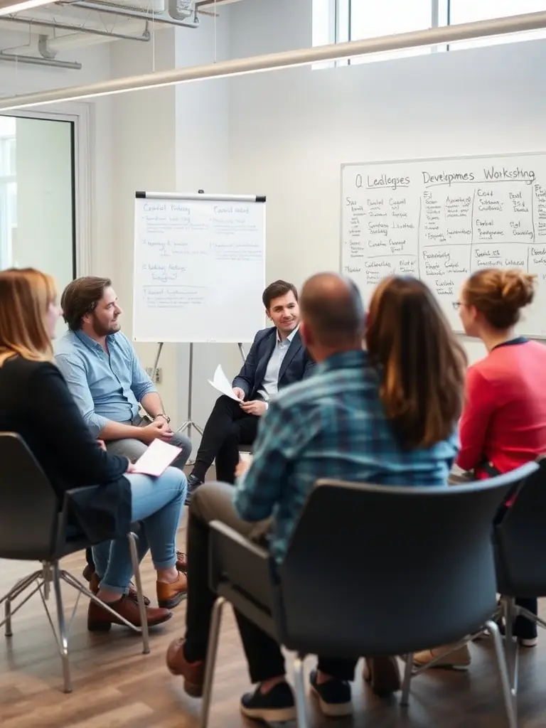 A photograph of a workshop session at a leadership conference in Calgary, Canada. Participants are actively engaged in a hands-on activity.