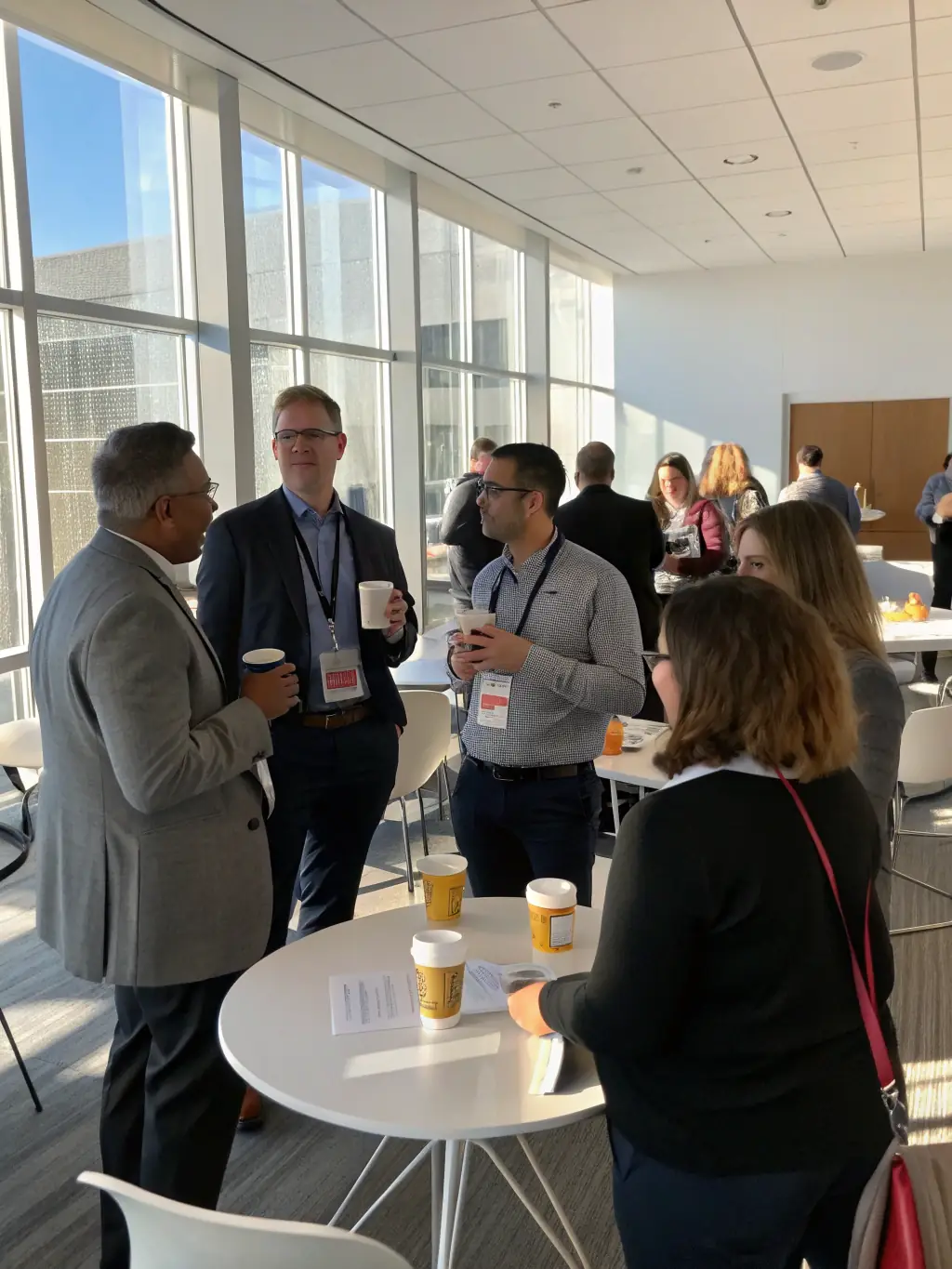 A photograph of attendees networking during a coffee break at a leadership conference in Vancouver, Canada. The atmosphere is relaxed and professional.